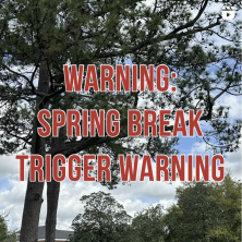 the text "warning: spring break trigger warning" over a photo of trees