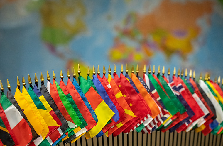 flags of the world in front of a map of the world