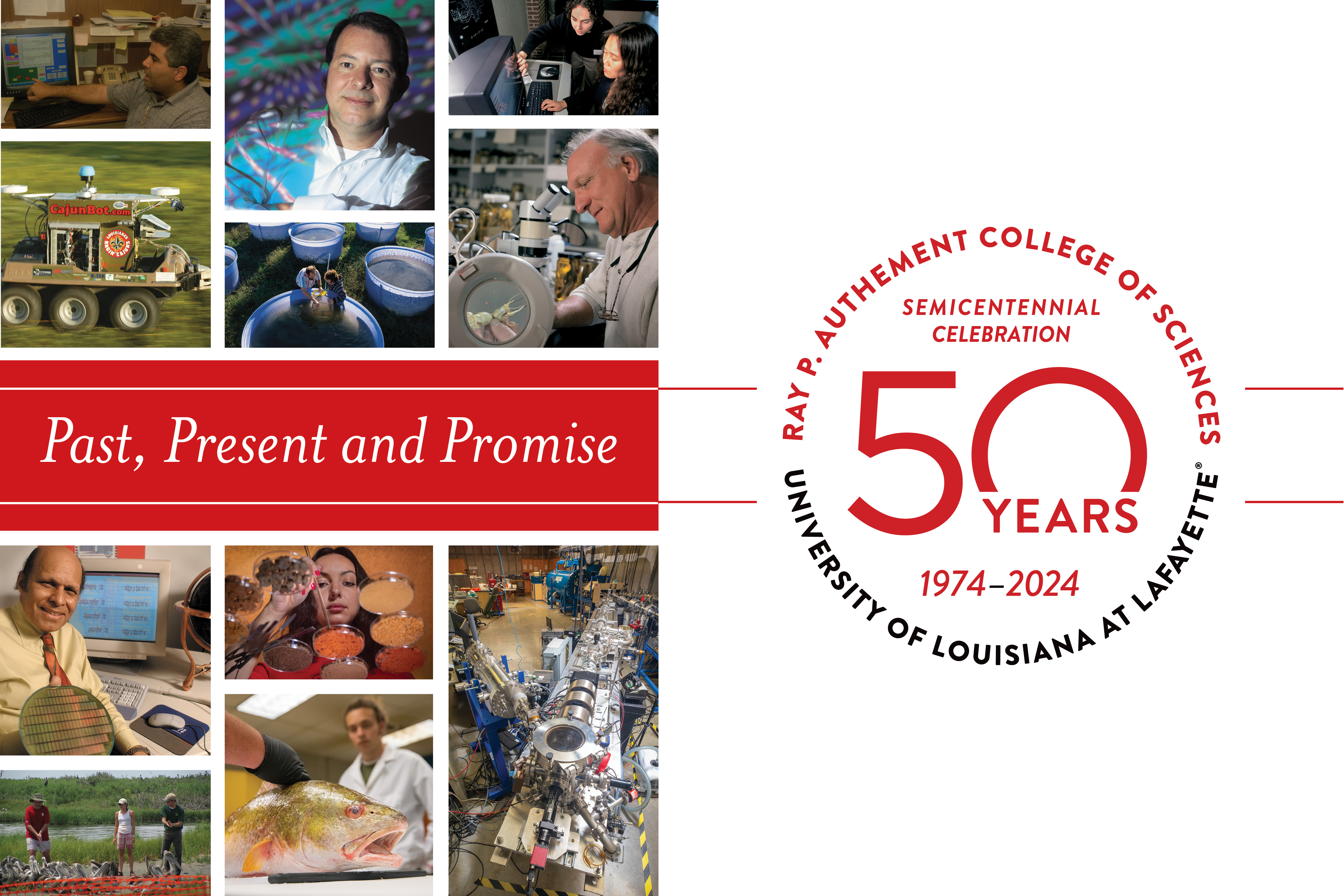 Logo for the College of Sciences 50th anniversary featuring the words: "past, present and promise."