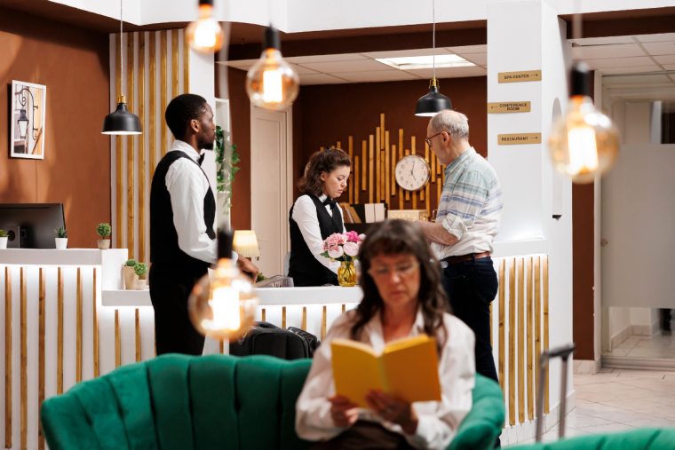 Man with white hair checking in to a modern hotel with two formally-dressed concierges