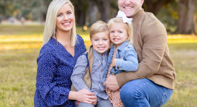 John Gros is pictured outdoors with his wife and young children. Gros earned his general studies degree online through UL Lafayette.